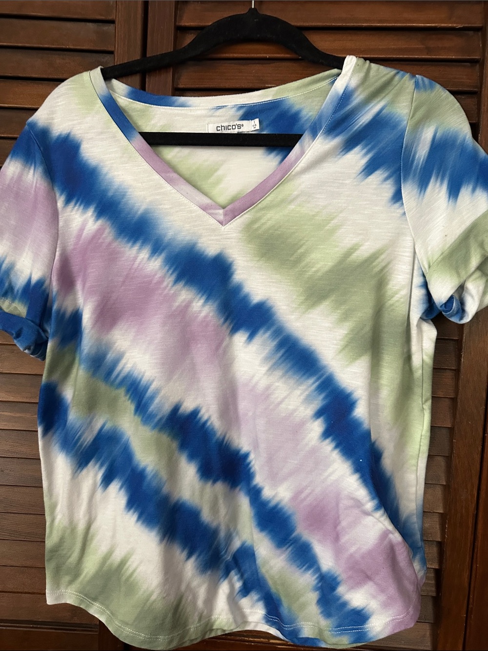 Chico's V-Neck Tie-Dye Short Sleeve Tee in Blue, Lavender & Sage